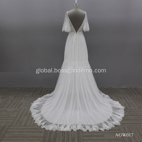 China Sexy Illusion Backless V Neck Sweep Train Lace Fashion Bride Short Sleeve  Wedding Dress Manufactory